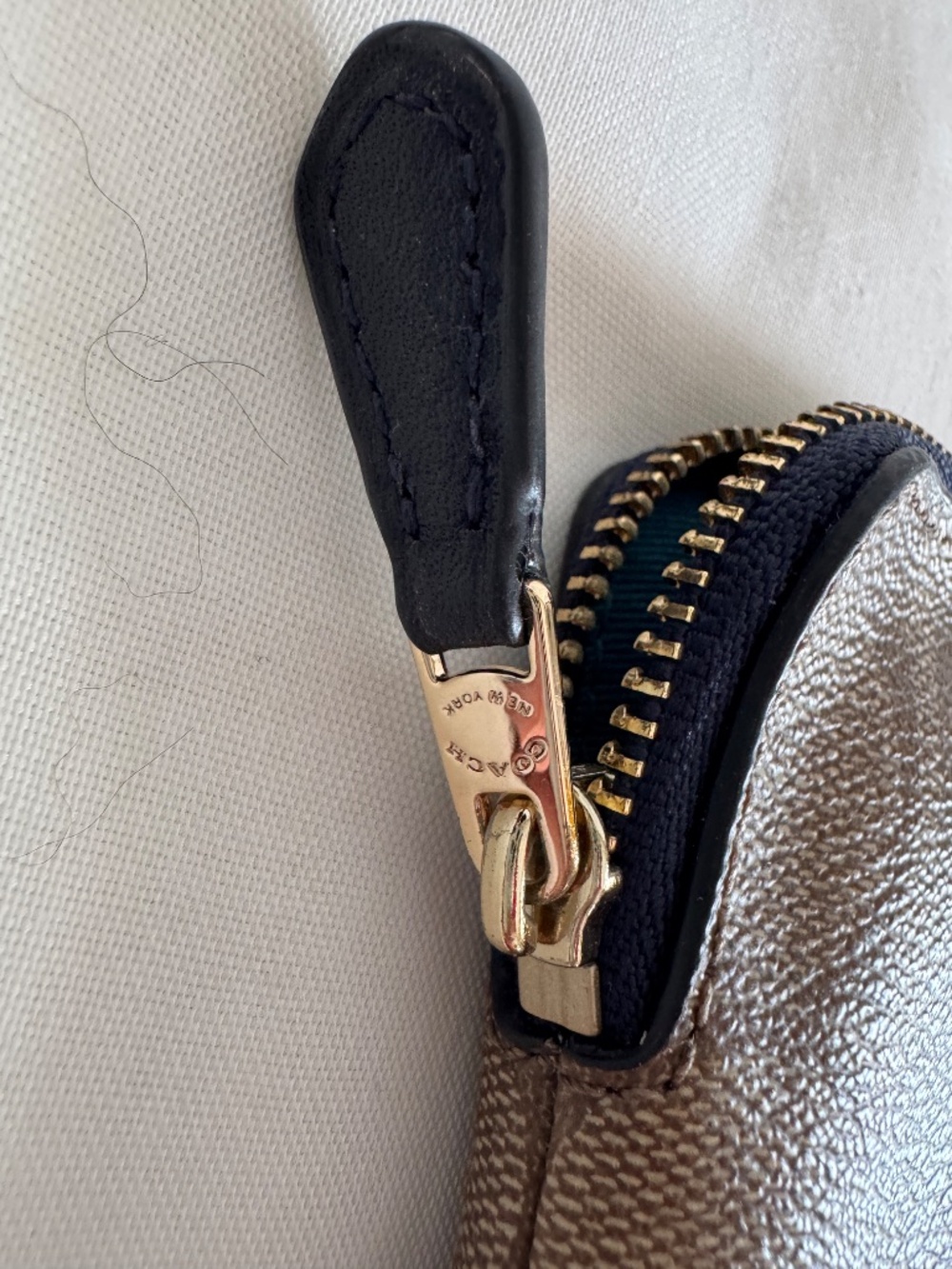 Coach Wristlet Tan/Brown monogram with teal and blue stripes and navy blue strap - Picture 5 of 7